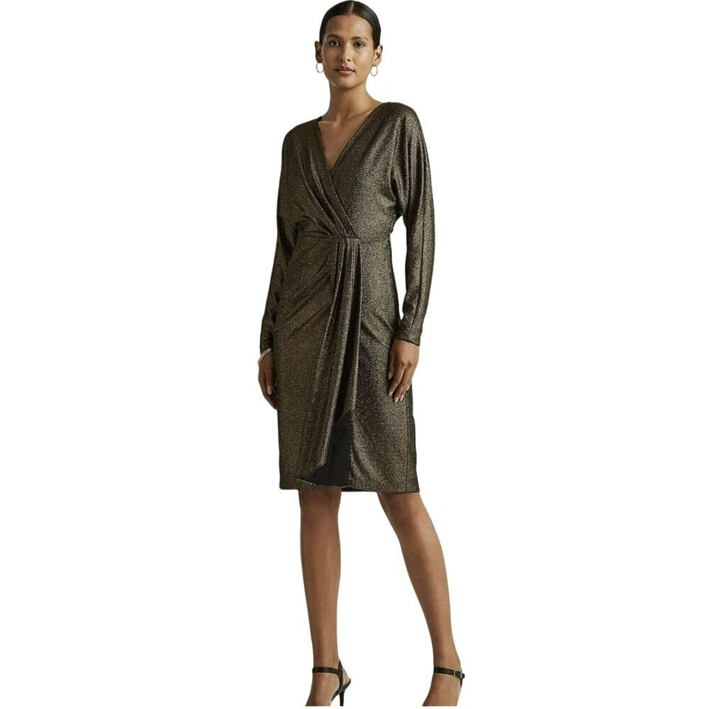 Lauren Ralph Lauren $195 Metallic Surplice Midi Dress Long Sleeve NWT Sz 10